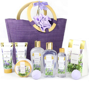 11PC Luxury Lavender Scent Spa Gift Basket in Weaved Bag